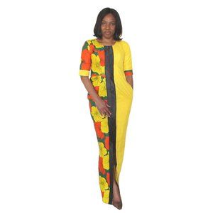 Yellow three quarter sleeve plain & print maxi